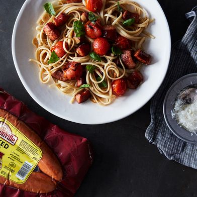 Linguine with Blistered Sungold Tomatoes, Smoked Sausage, and Basil