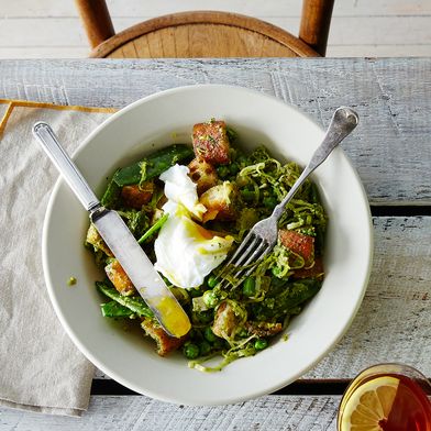 Spring Vegetable Panzanella with Poached Eggs