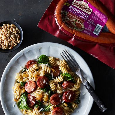 Rotini with Andouille, Pine Nuts, Raisins and Spinach 