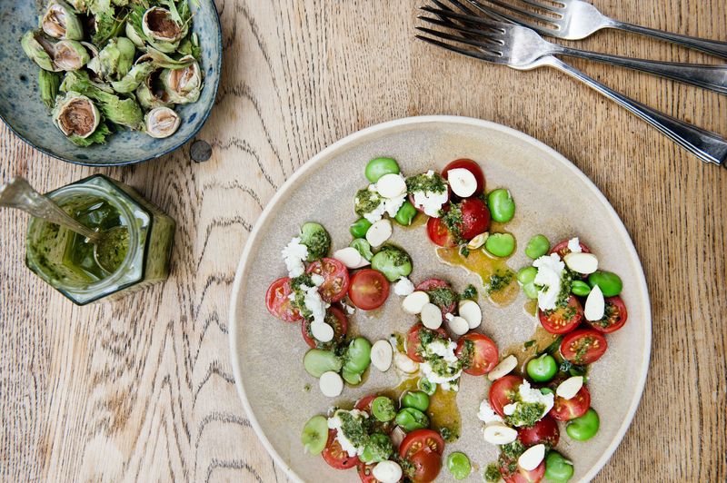Rosie Birkett's Tomatoes with Ricotta, Hazelnuts, and Salsa Verde