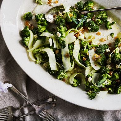 Shaved Broccoli Stalk Salad with Soft Feta & Golden Raisins