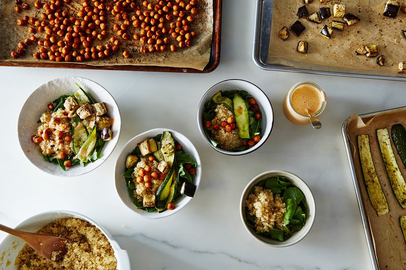 Mediterranean Vegetable Bowls with Quinoa, Toasted Chickpeas, and Harissa Tahini