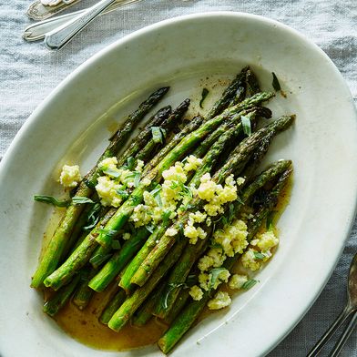 Pan-Roasted Asparagus with Brown Butter, Lemon, and Eggs Mimosa