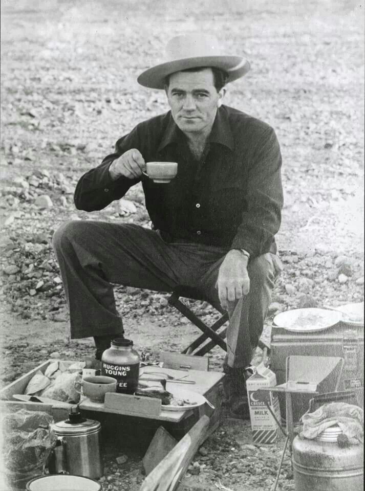 louis l'amour camping drinking coffee outside 