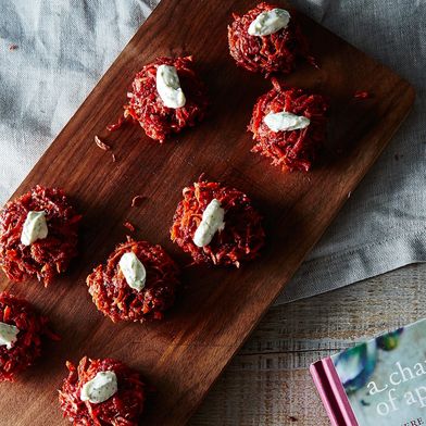 Beet and Carrot Fritters with Dill and Yogurt Sauce