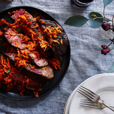 Slow-Cooked Rib Eye Topped with Spicy Harissa Carrots