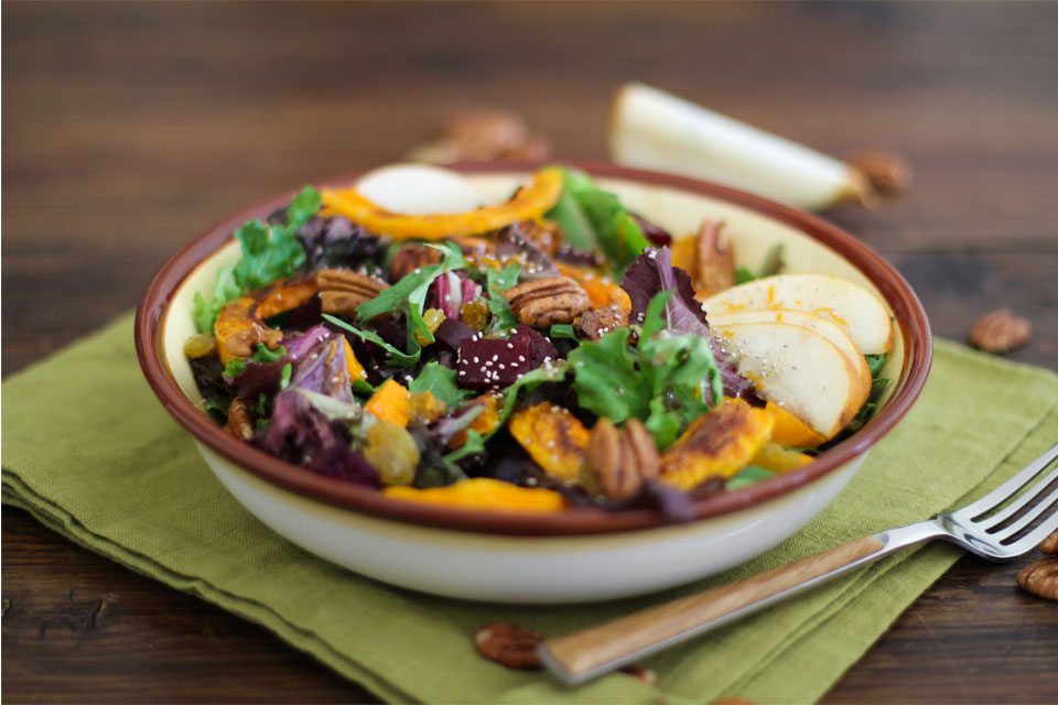 Roasted Fall Vegetables Salad with Maple Orange Cinnamon Dressing