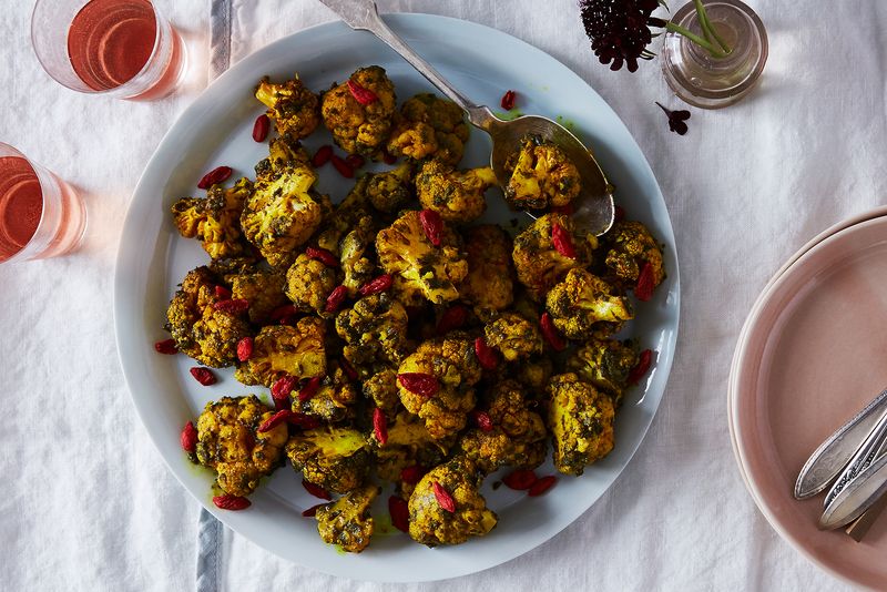 Turmeric Roasted Cauliflower with Activated Charcoal and Goji Berries
