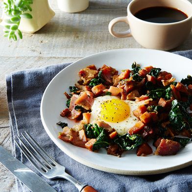 Sweet Potato, Kale, and Country Ham Hash with Maple Red-Eye Gravy