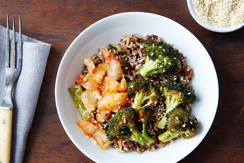 Warm Kimchi Bowl with Spicy Broccoli and Sesame-Scallion Wild Rice