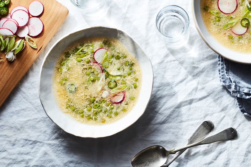 Egg Drop Soup with Ginger, Chiles + Spring Peas