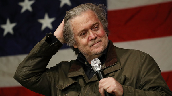 Steve Bannon speaks before introducing Republican Senate candidate Roy Moore during a campaign event in Alabama. Bannon is under fire from President Trump for comments made in an explosive new book.