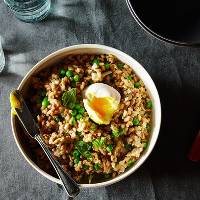 Farro Risotto with Sausage, Mushroom, Peas, and a Poached Egg