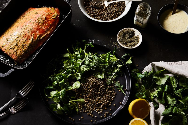 Salmon cooked low and slow meets well-dressed lentils.