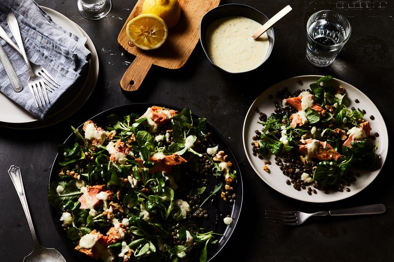 Herbes de Provence in the salmon rub and yogurt dressing, plus lots of lemon and fresh greens, keep things bright and lively. 