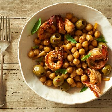 Savory Shrimp with Chickpeas, Green Olives, and Preserved Lemon