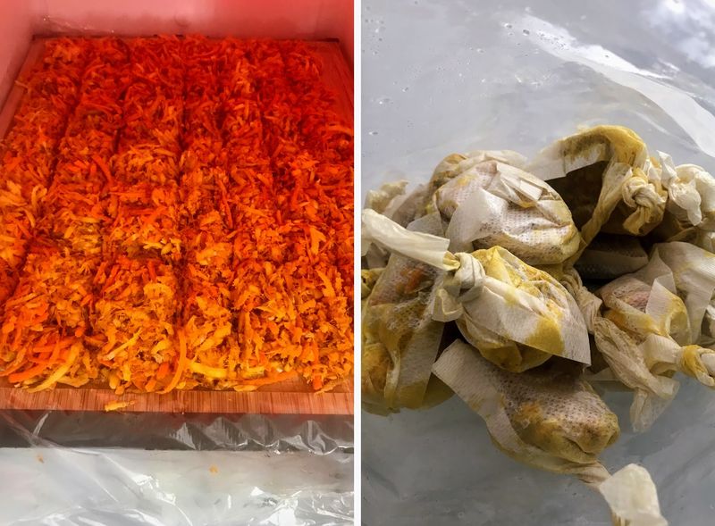 Left: Grated ginger & turmeric, before the deep freeze. / Right: Sachets ready for service.