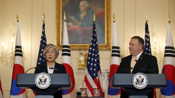 South Korean Foreign Minister Kang Kyung-wha speaks during a Friday news conference with Secretary of State Mike Pompeo at the State Department.